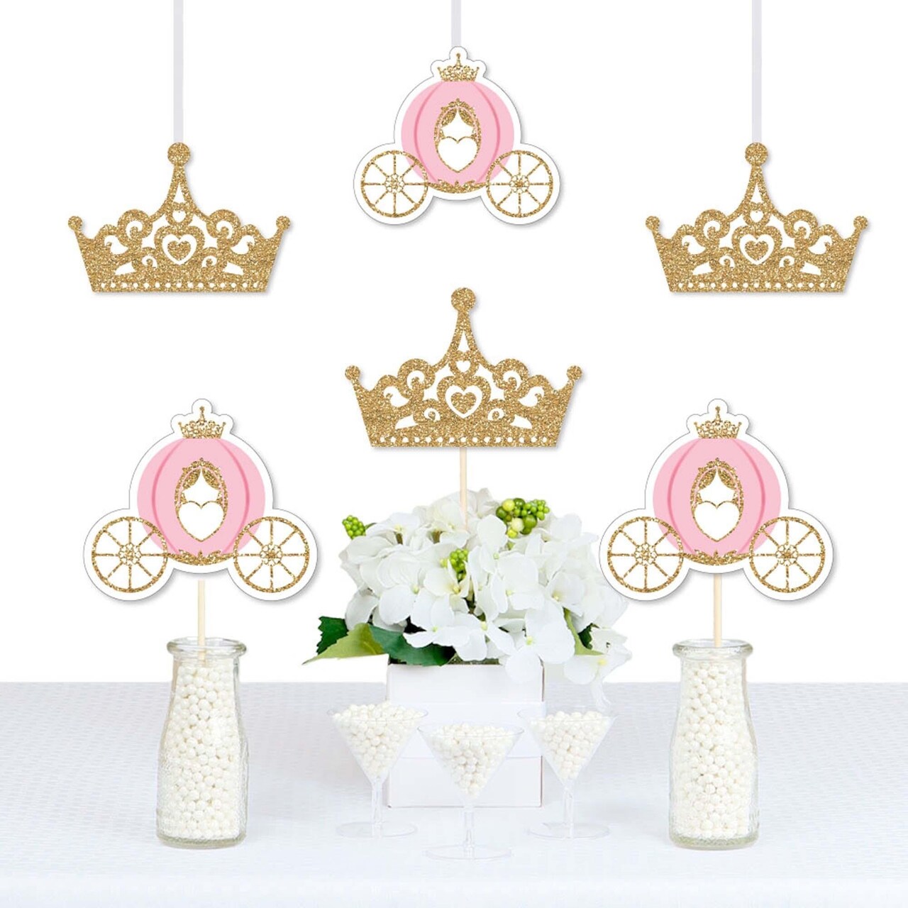 Big Dot of Happiness Little Princess Crown - Tiara & Carriage Decorations DIY Pink and Gold Baby Shower or Birthday Party Essentials - Set of 20